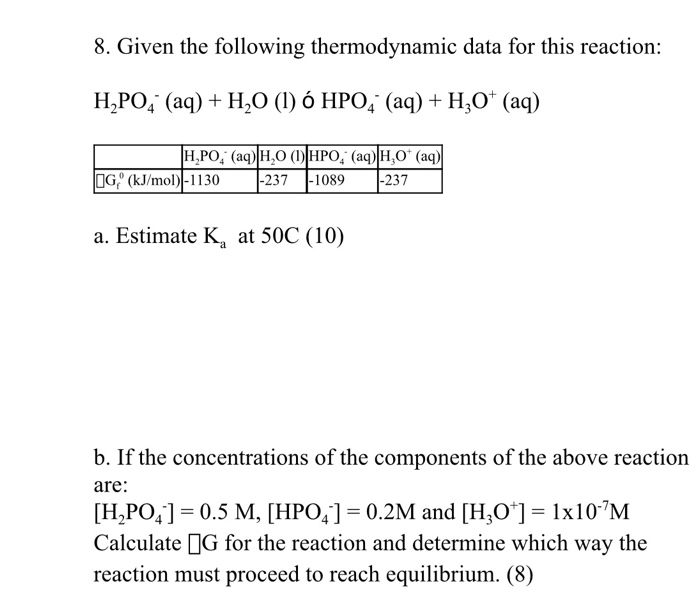 Solved 8 Given The Following Thermodynamic Data For This Chegg Com