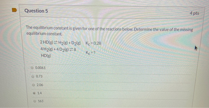 Solved Question 5 4 pts The equilibrium constant is given | Chegg.com