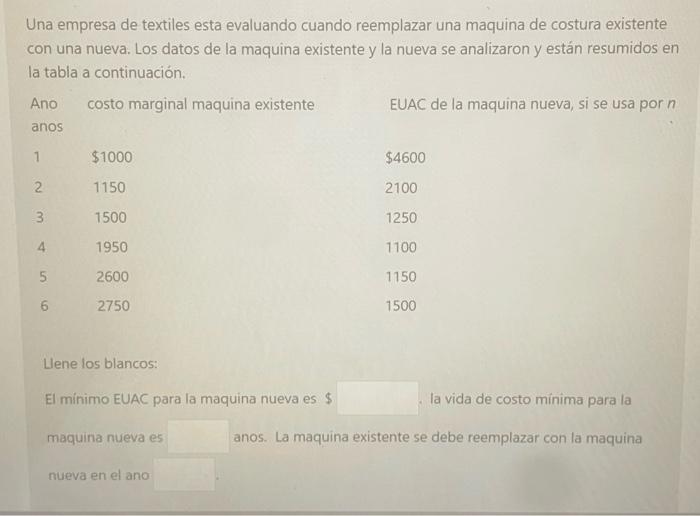 Una empresa de textiles esta evaluando cuando reemplazar una maquina de costura existente con una nueva. Los datos de la maqu