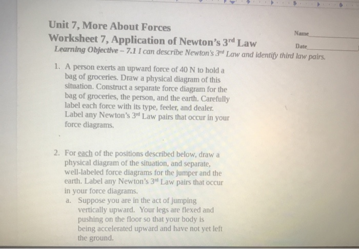 Unit 7, More About Forces Name Worksheet 7, | Chegg.com