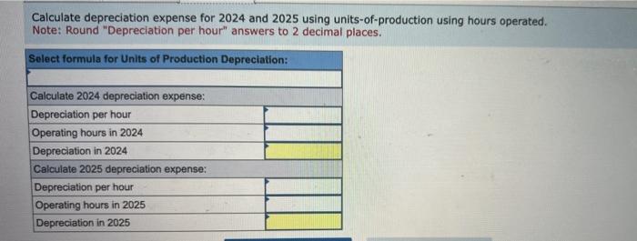 Calculate depreciation expense for 2024 and 2025 using units-of-production using hours operated. Note: Round Depreciation pe