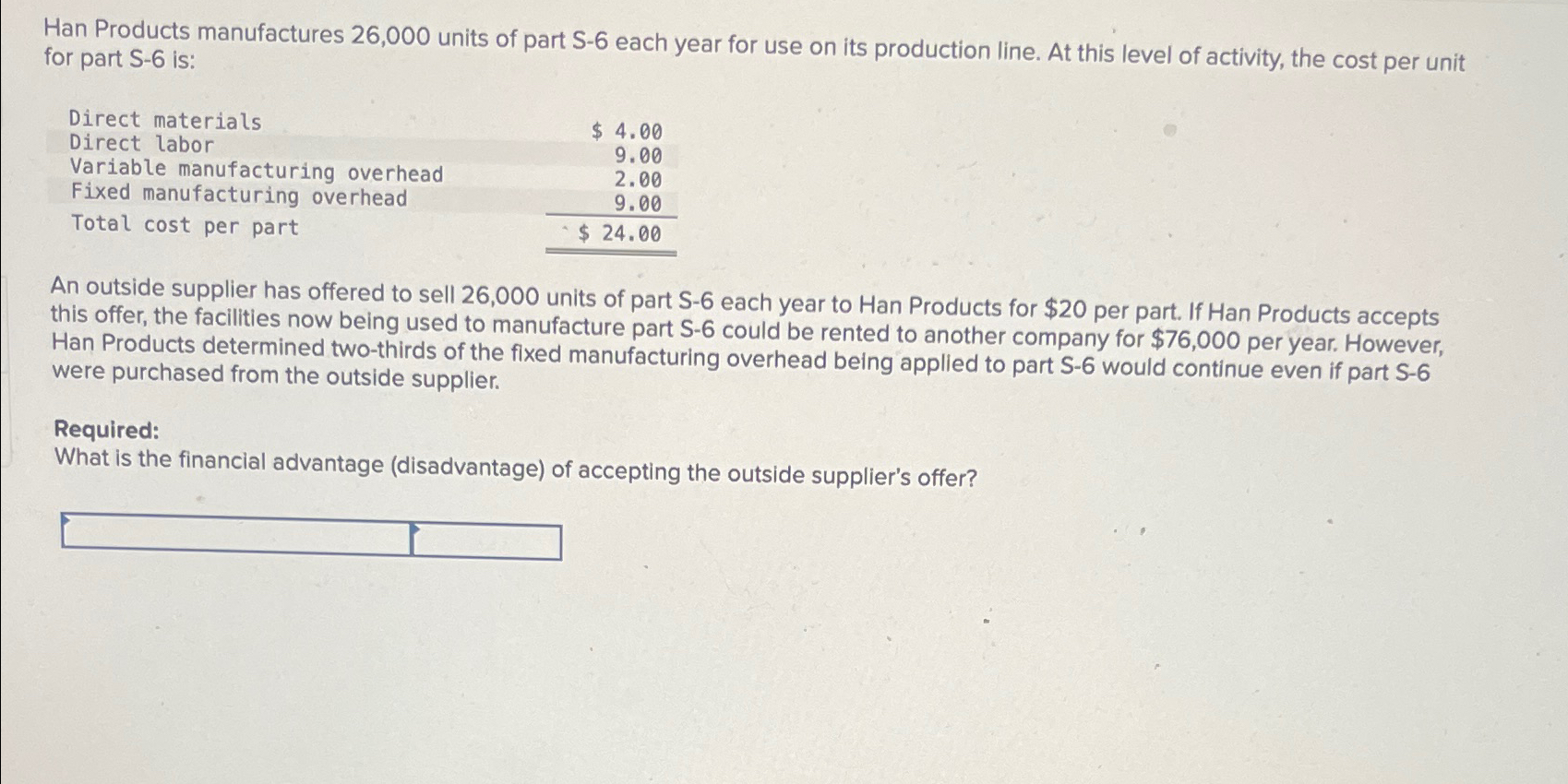 Solved Han Products manufactures 26,000 ﻿units of part S-6 | Chegg.com