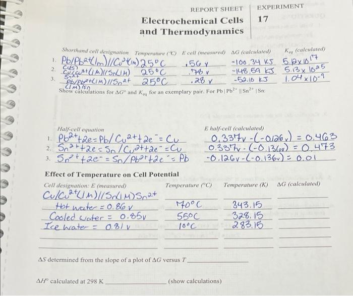 REPORT SHEET EXPERIMENT Electrochemical Cells 17 and