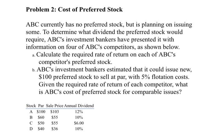 Solved Problem 2: Cost of Preferred Stock ABC currently has | Chegg.com