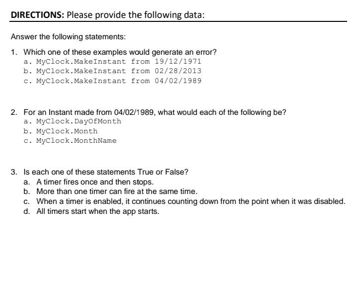 Solved DIRECTIONS: Please provide the following data: Answer | Chegg.com