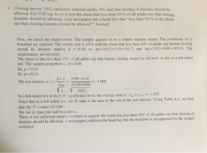 Solved 3. Cloning survey 1012 randomly selected adults, 9