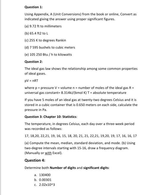 Solved Question 1: Using Appendix, A (Unit Conversions) from | Chegg.com