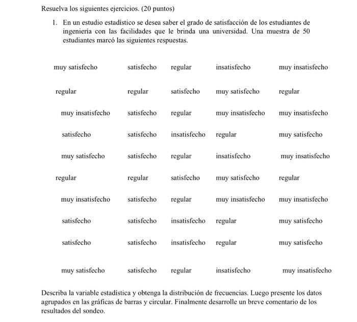 Resuelva los siguientes ejercicios. ( 20 puntos) 1. En un estudio estadistico se desea saber el grado de satisfacción de los