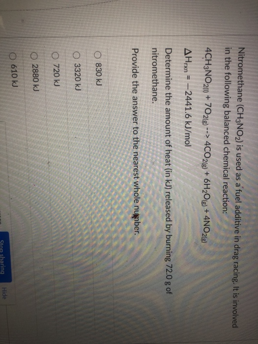 Solved Nitromethane (CH3NO2) is used as a fuel additive in