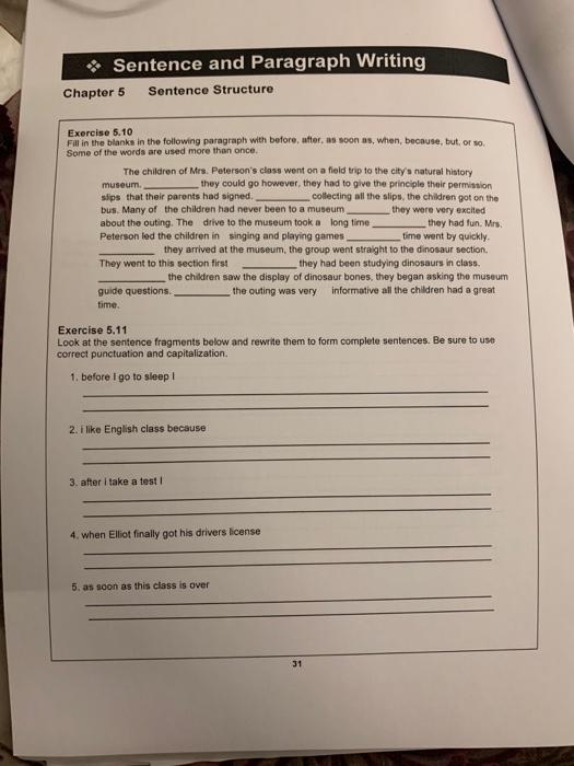Solved Sentence and Paragraph Writing Chapter 5 Sentence | Chegg.com