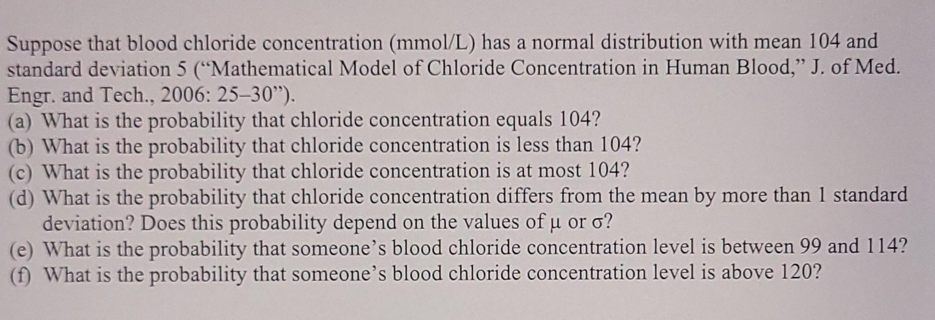 Solved Suppose that blood chloride concentration (mmol/L)