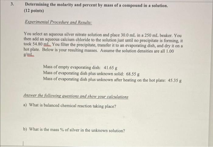Solved 3. Determining the molarity and percent by mass of a | Chegg.com