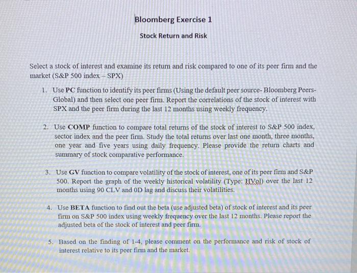 Bloomberg Exercise 1 Stock Return and Risk Select a | Chegg.com