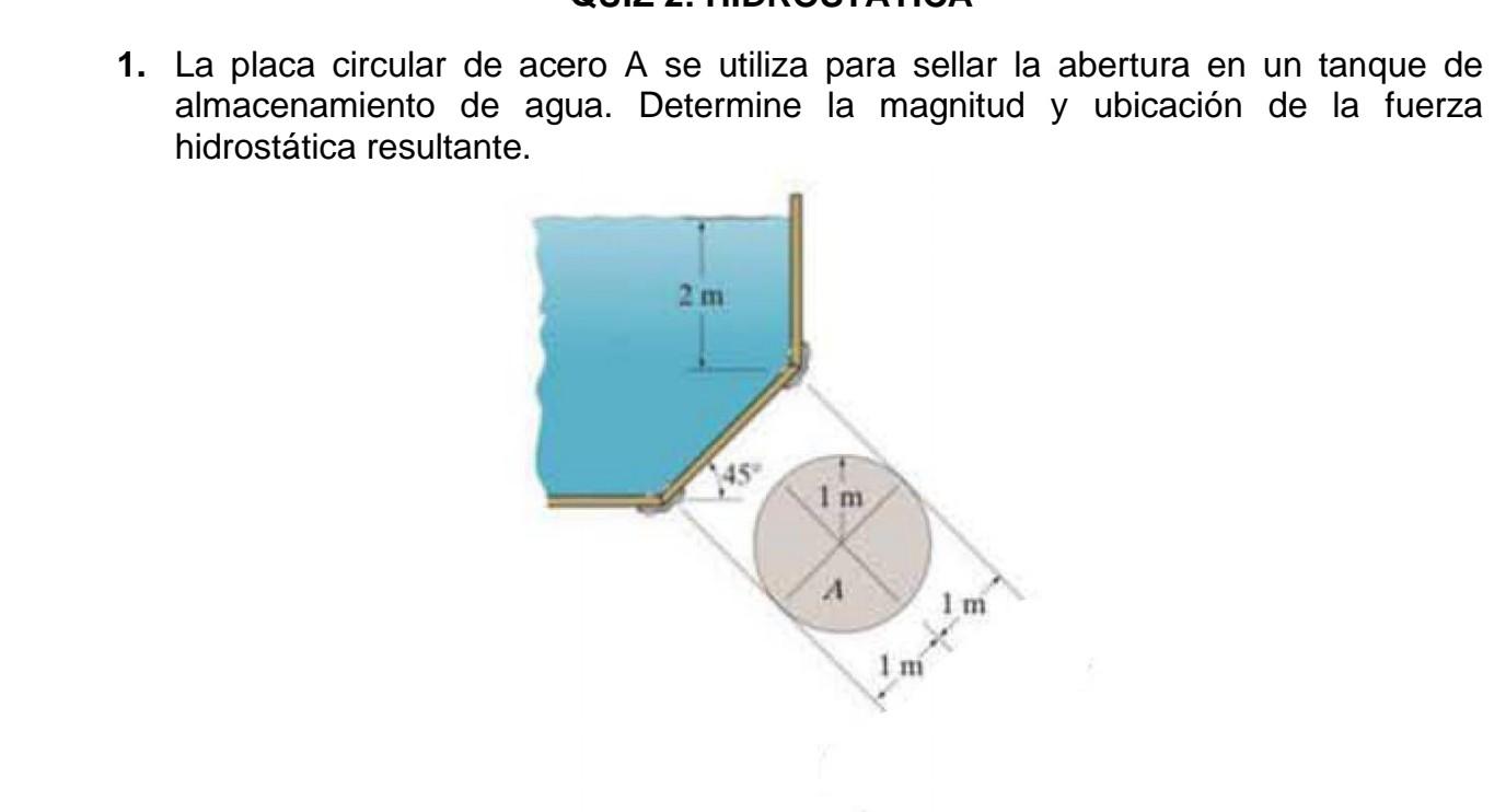 1. La placa circular de acero A se utiliza para sellar la abertura en un tanque de almacenamiento de agua. Determine la magni