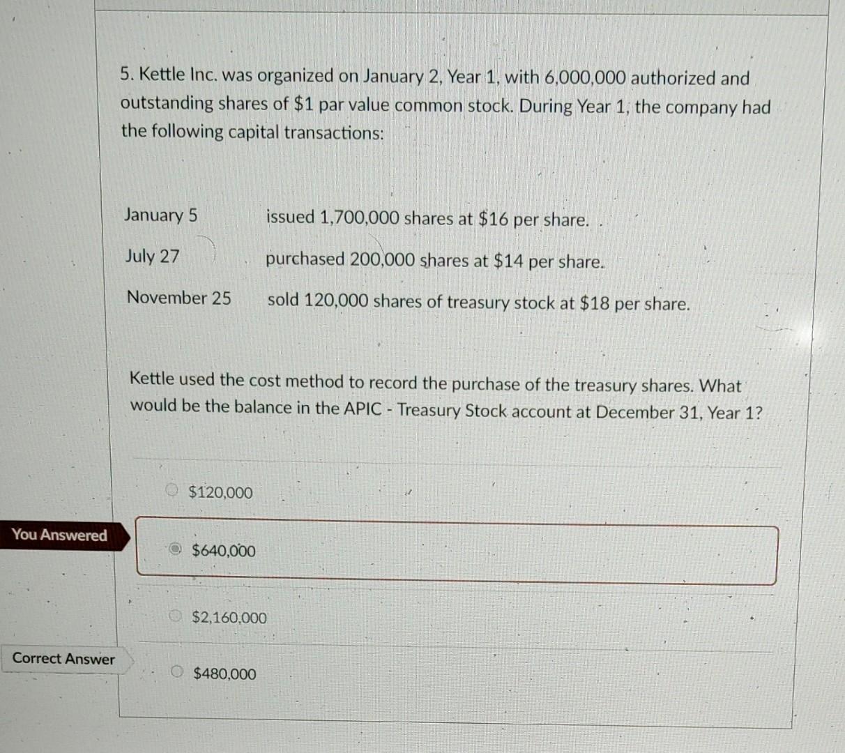 Solved 5. Kettle Inc. was organized on January 2, Year 1,