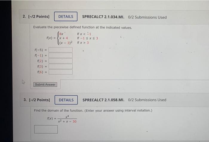 Solved 2 12 Points DETAILS SPRECALC7 2 1 034 MI 0 2 Chegg