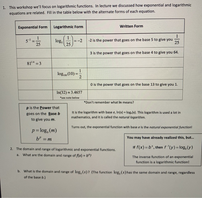 Solved 1 This Workshop We Ll Focus On Logarithmic Functi Chegg Com
