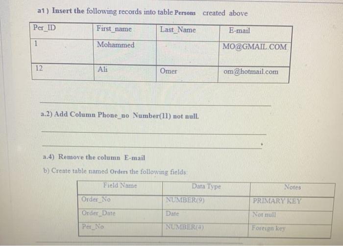 Solved a1) Insert the following records into table Persons | Chegg.com