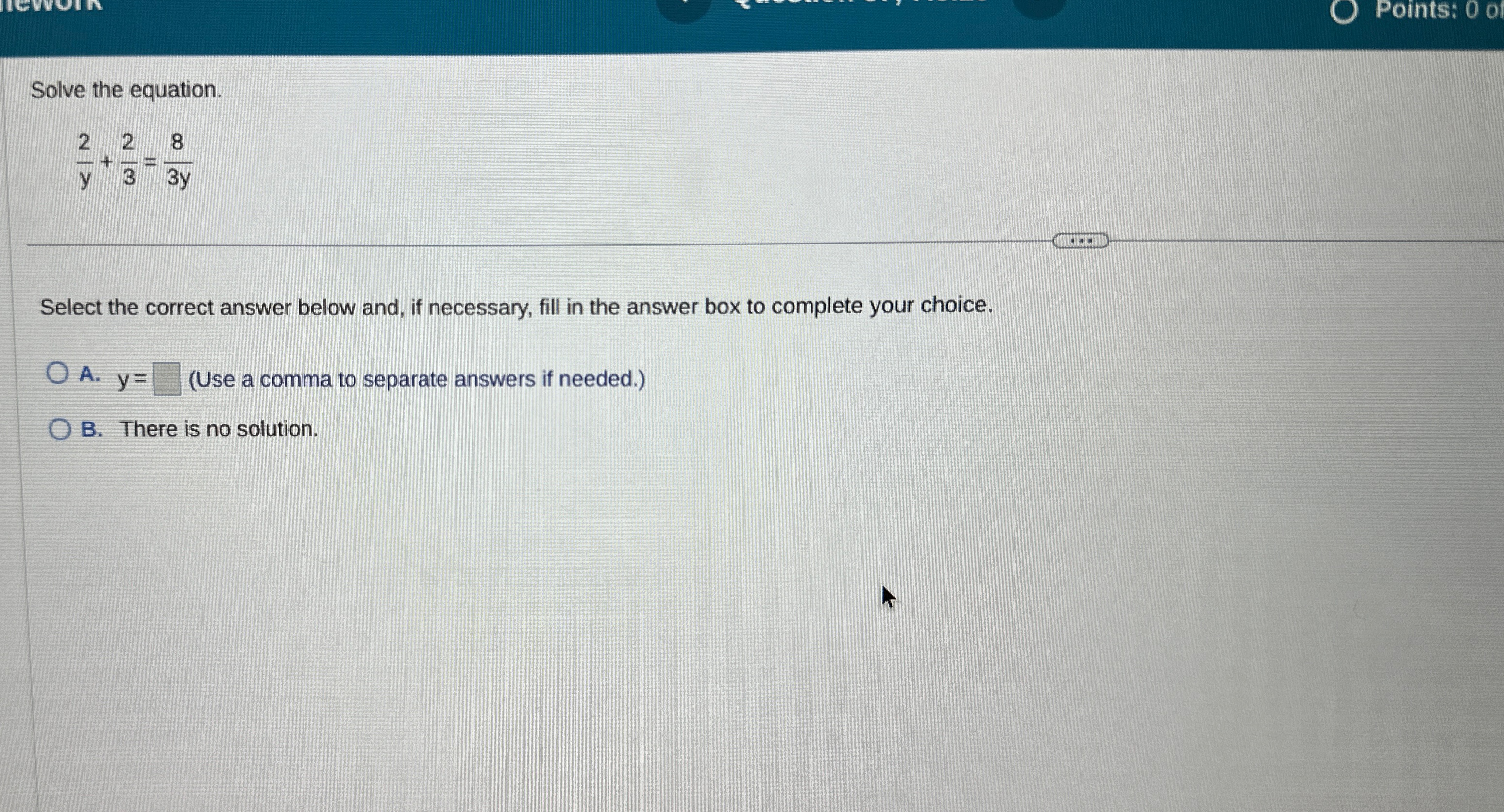 Solved Solve the equation.2y+23=83ySelect the correct answer | Chegg.com