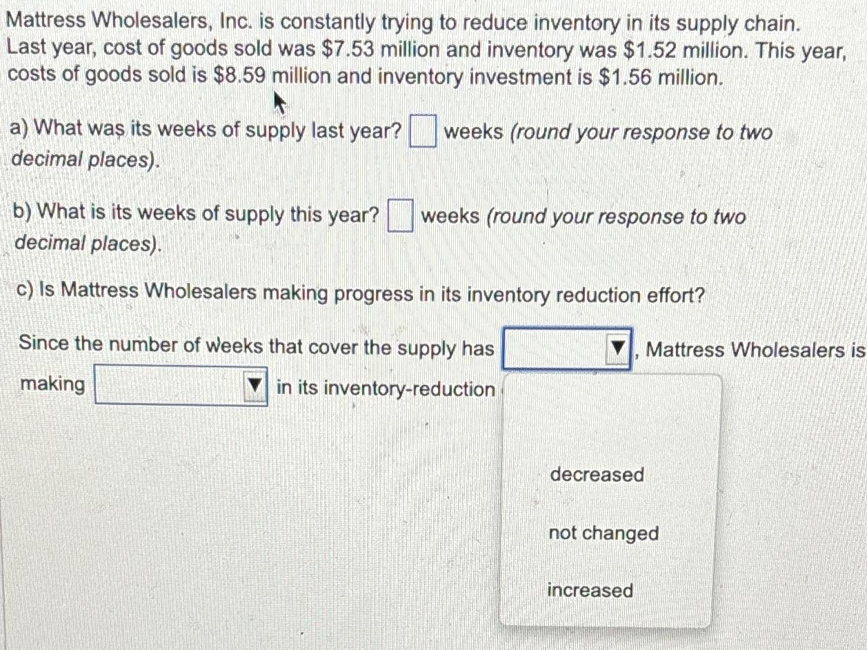 Solved Mattress Wholesalers, Inc. is constantly trying to