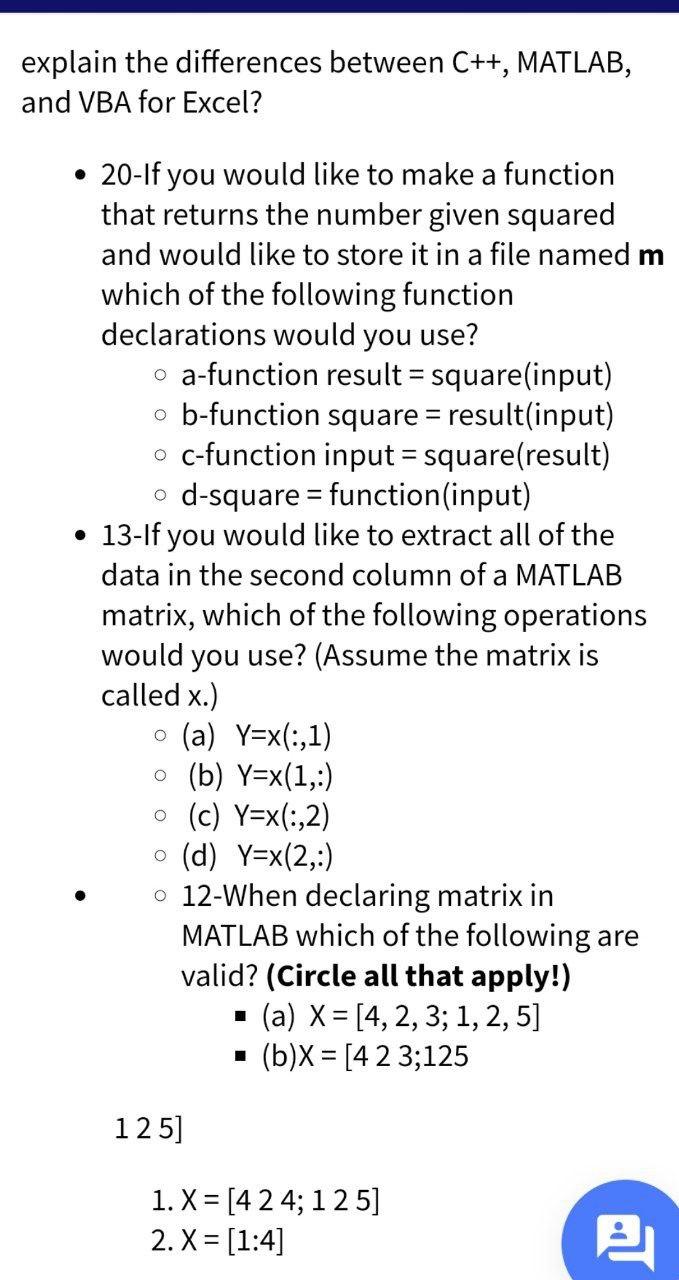 Solved Explain The Differences Between C Matlab And Vba Chegg Com