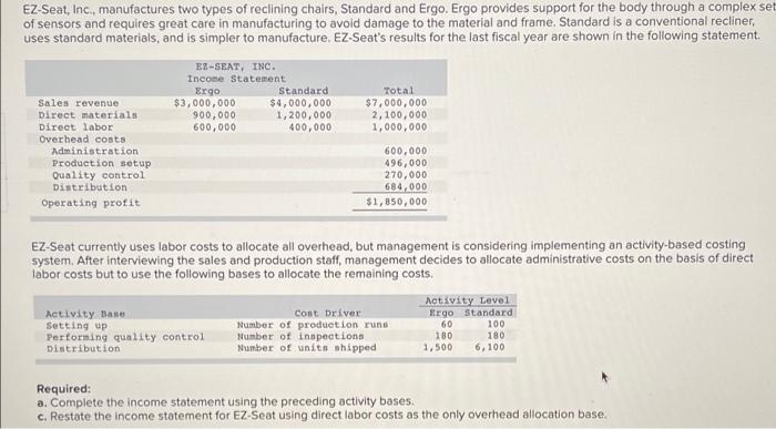 Solved Ez-seat, Inc., Manufactures Two Types Of Reclining 