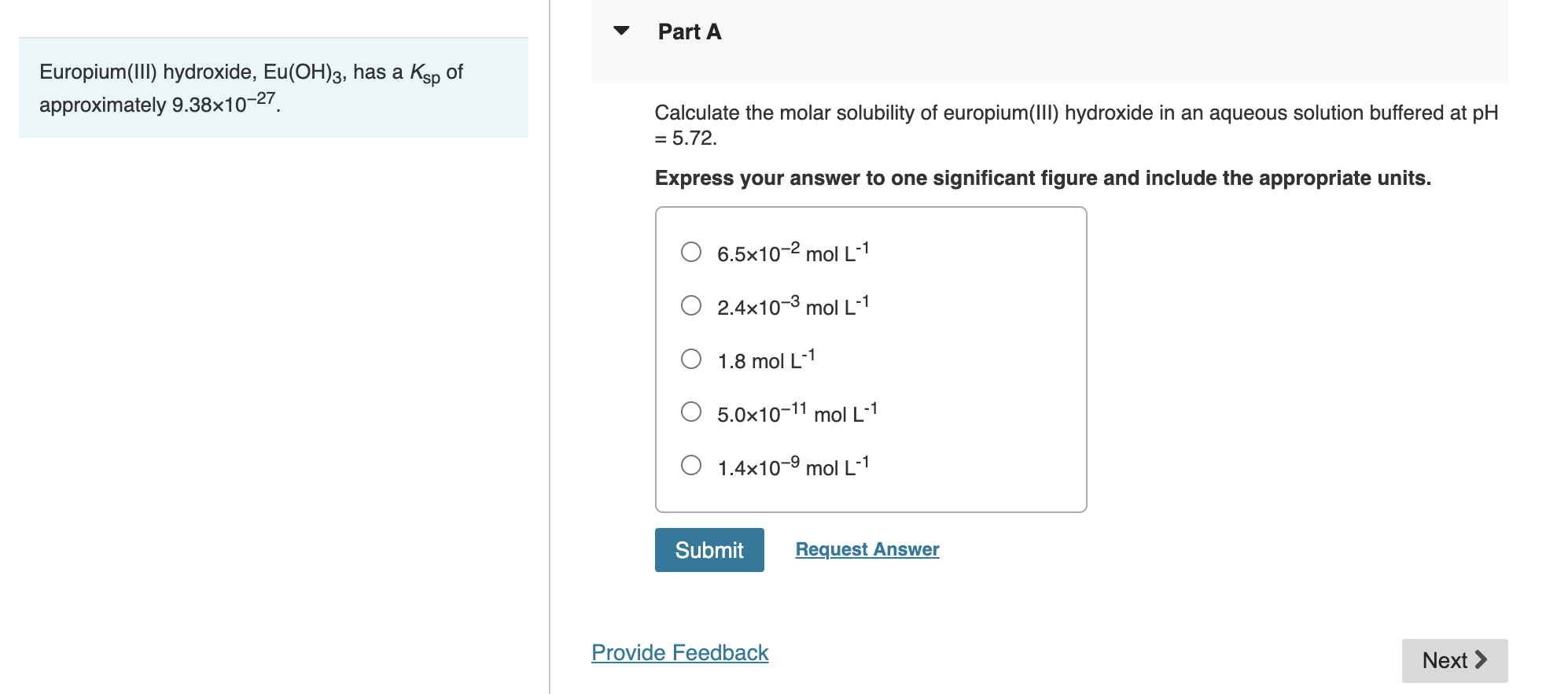 Solved Part AEuropium(III) ﻿hydroxide, Eu(OH)3, ﻿has a Ksp