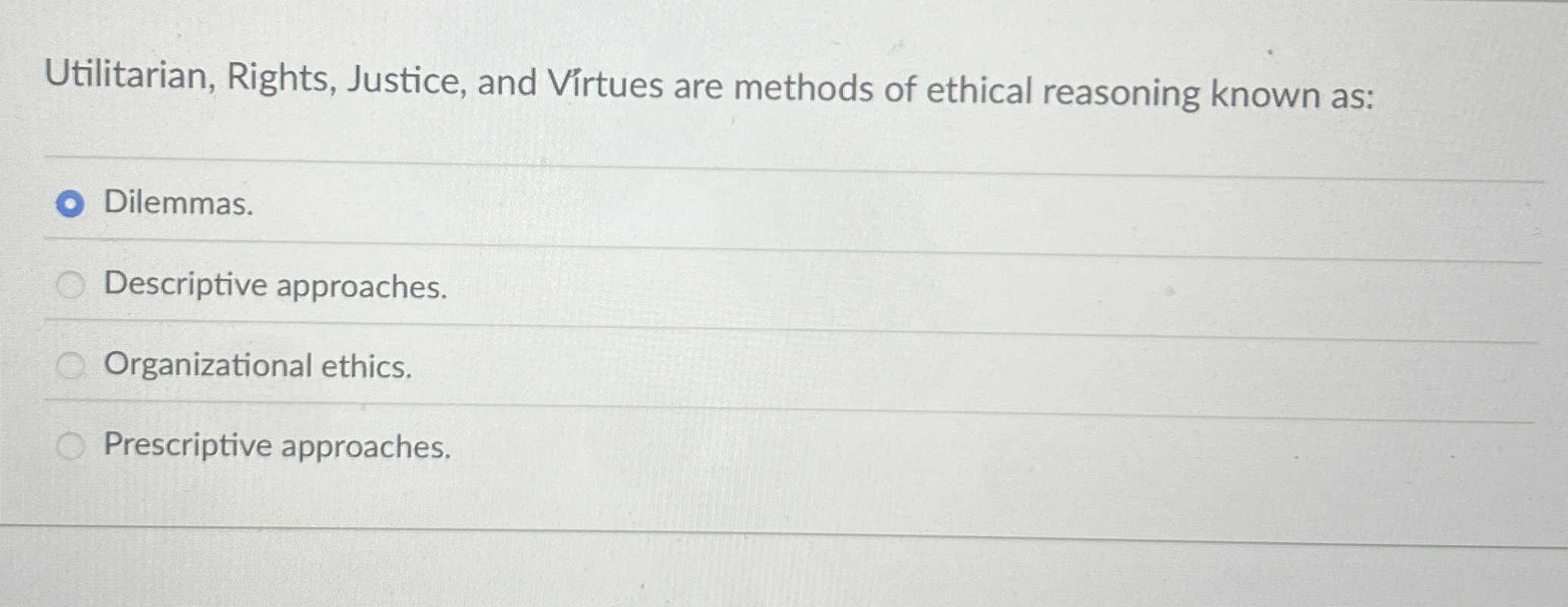 Solved Utilitarian, Rights, Justice, and Virtues are methods | Chegg.com