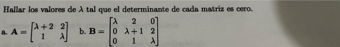 Hallar los valores de \( \lambda \) tal que el determinante de cada matriz es cero. a. \( \mathbf{A}=\left[\begin{array}{cc}\