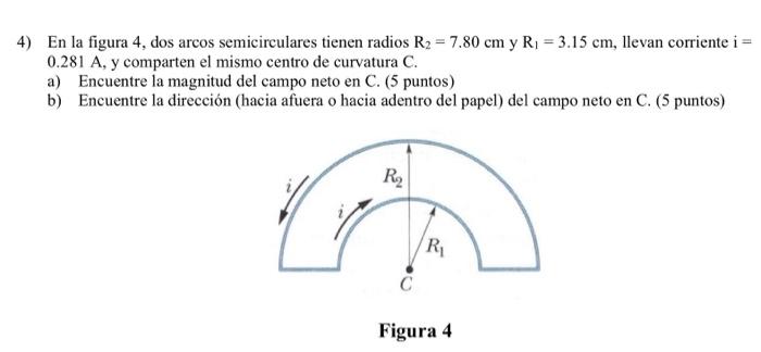 4) En la figura 4, dos arcos semicirculares tienen radios \( \mathrm{R}_{2}=7.80 \mathrm{~cm} \) y \( \mathrm{R}_{1}=3.15 \ma