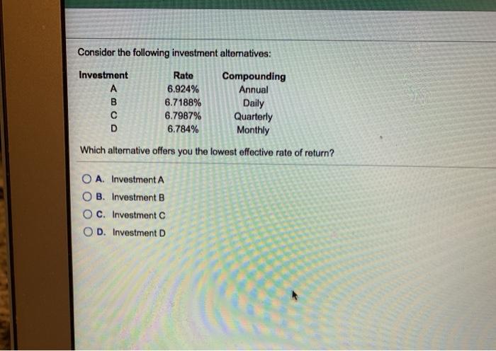 Solved Consider The Following Investment Alternatives: | Chegg.com