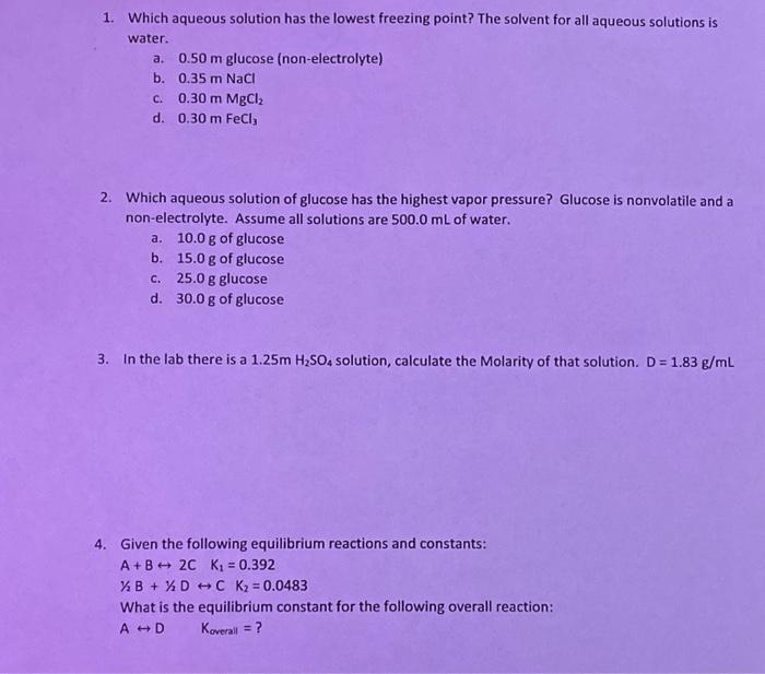 Solved 1. Which aqueous solution has the lowest freezing