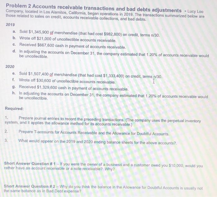 Solved Problem 2 Accounts receivable transactions and bad | Chegg.com