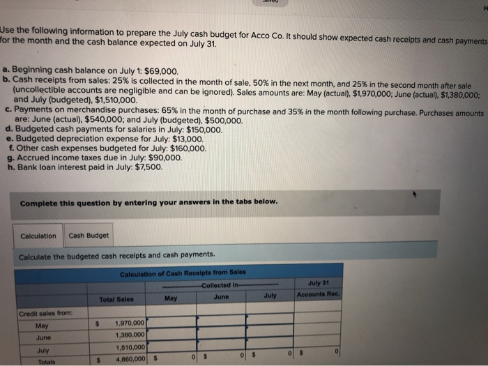 Solved Use the following information to prepare the July | Chegg.com