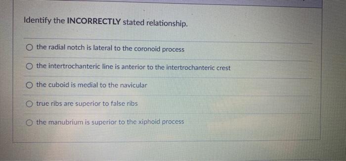 Identify the INCORRECTLY stated relationship.
the radial notch is lateral to the coronoid process
O the intertrochanteric lin