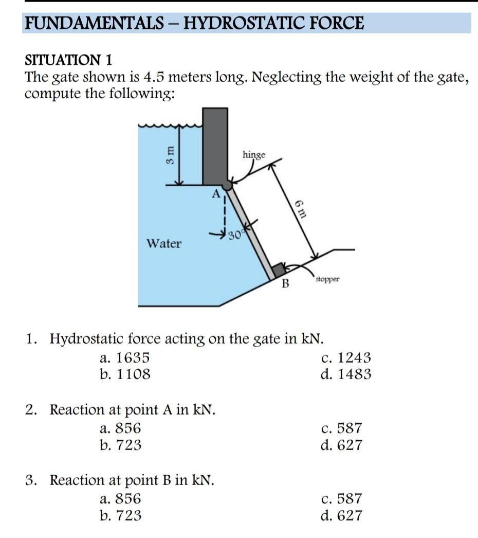 Solved FUNDAMENTALS - HYDROSTATIC FORCE - SITUATION 1 The | Chegg.com