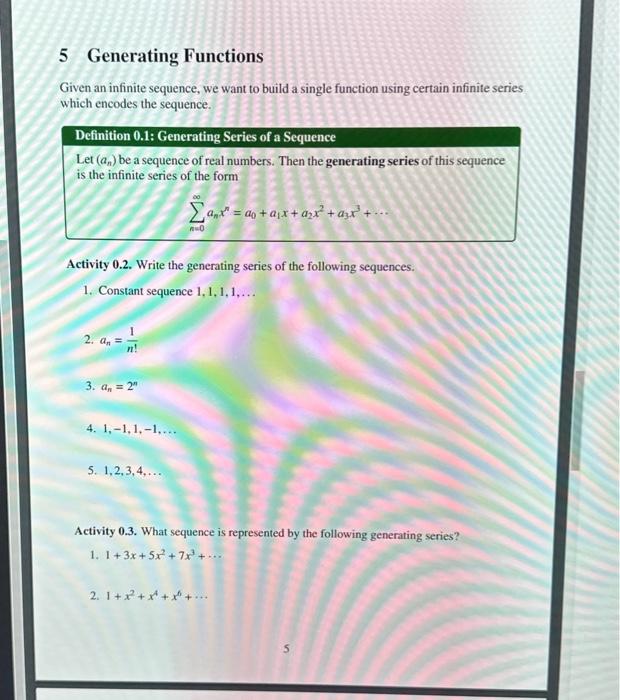 Solved 5 Generating Functions Given an infinite sequence, we | Chegg.com