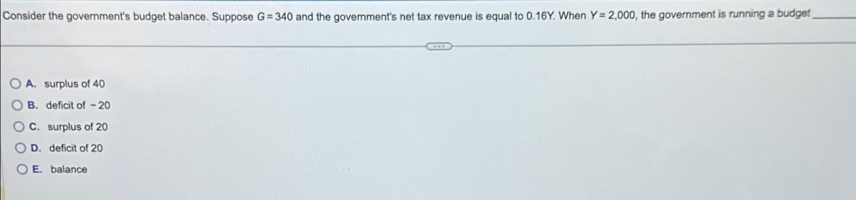 Solved Consider The Government's Budget Balance. Suppose | Chegg.com