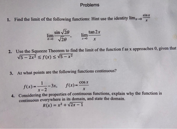 Solved Problems sinx 1. Find the limit of the following | Chegg.com