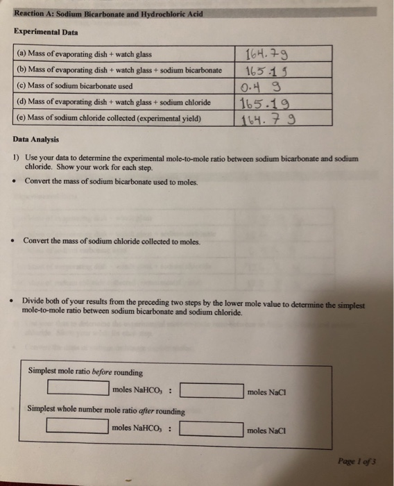 Solved Reaction A Sodium Bicarbonate And Hydrochloric Acid 4235