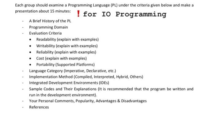 Solved Each group should examine a Programming Language (PL) | Chegg.com