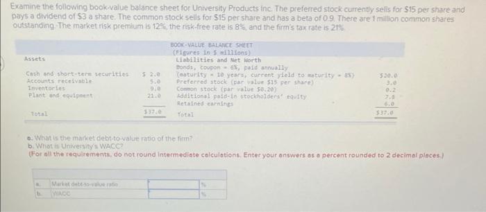 Solved Examine the following book-value balance sheet for | Chegg.com