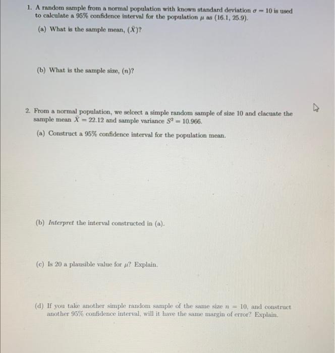 Solved 1. A random sample from a normal population with | Chegg.com