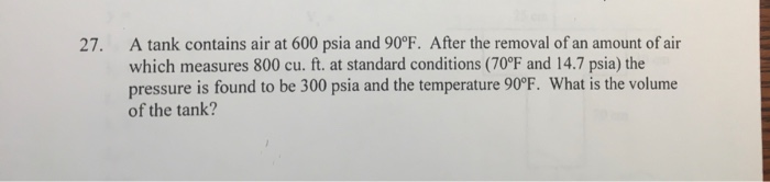 Solved 27. A tank contains air at 600 psia and 90°F. After | Chegg.com