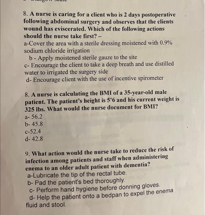Solved 8. A nurse is caring for a client who is 2 days | Chegg.com