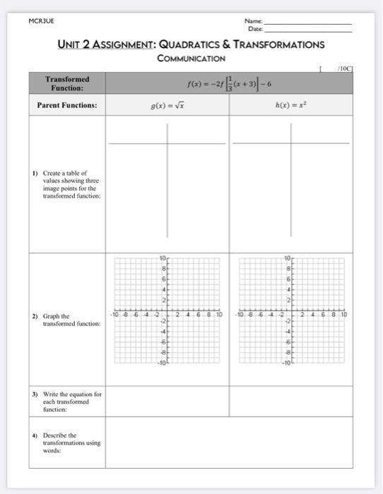 mcr3u quadratic functions assignment