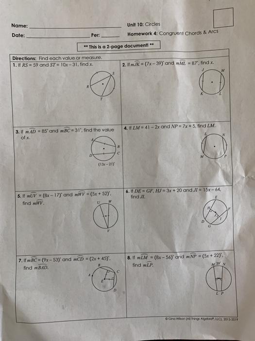 Solved Name Unit 10 Circles Homework 4 Congruent Chords Chegg