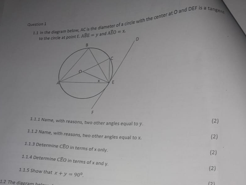 Solved Question 1In the diagram below, AC ﻿is the diameter | Chegg.com