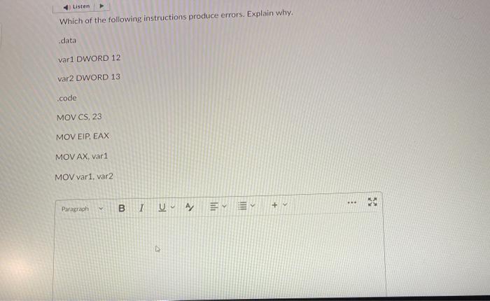 Solved Which of the following instructions produce errors. | Chegg.com