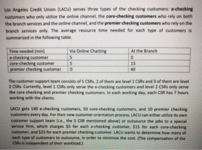 Solved Los Angeles Credit Union (LACU) serves three types of | Chegg.com